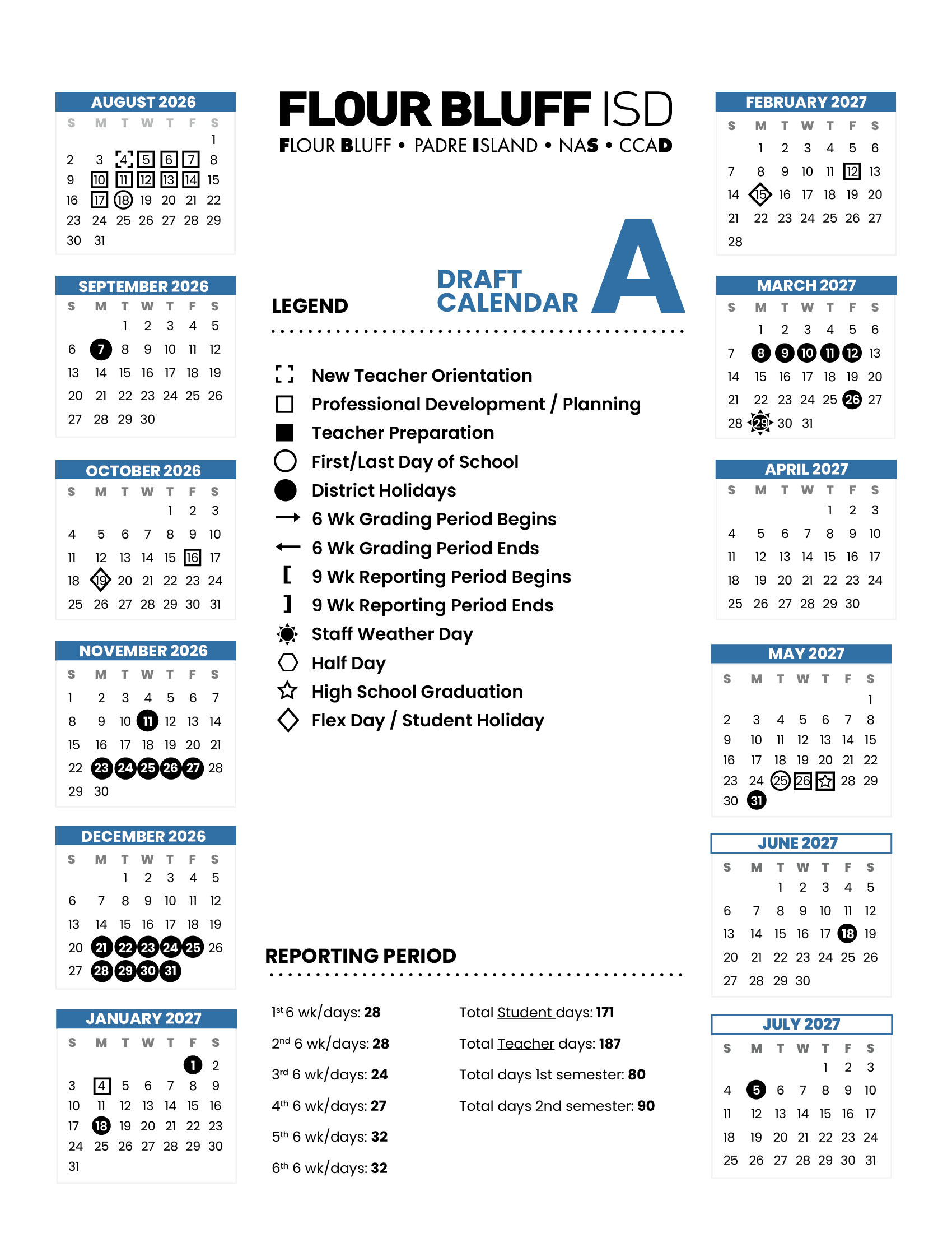 A school calendar for Flour Bluff ISD for 2026-2027, showing months August 2026–July 2027, color-coded legend for holidays, grading periods, teacher prep, and student/staff holidays, plus student/teacher day totals at the bottom.