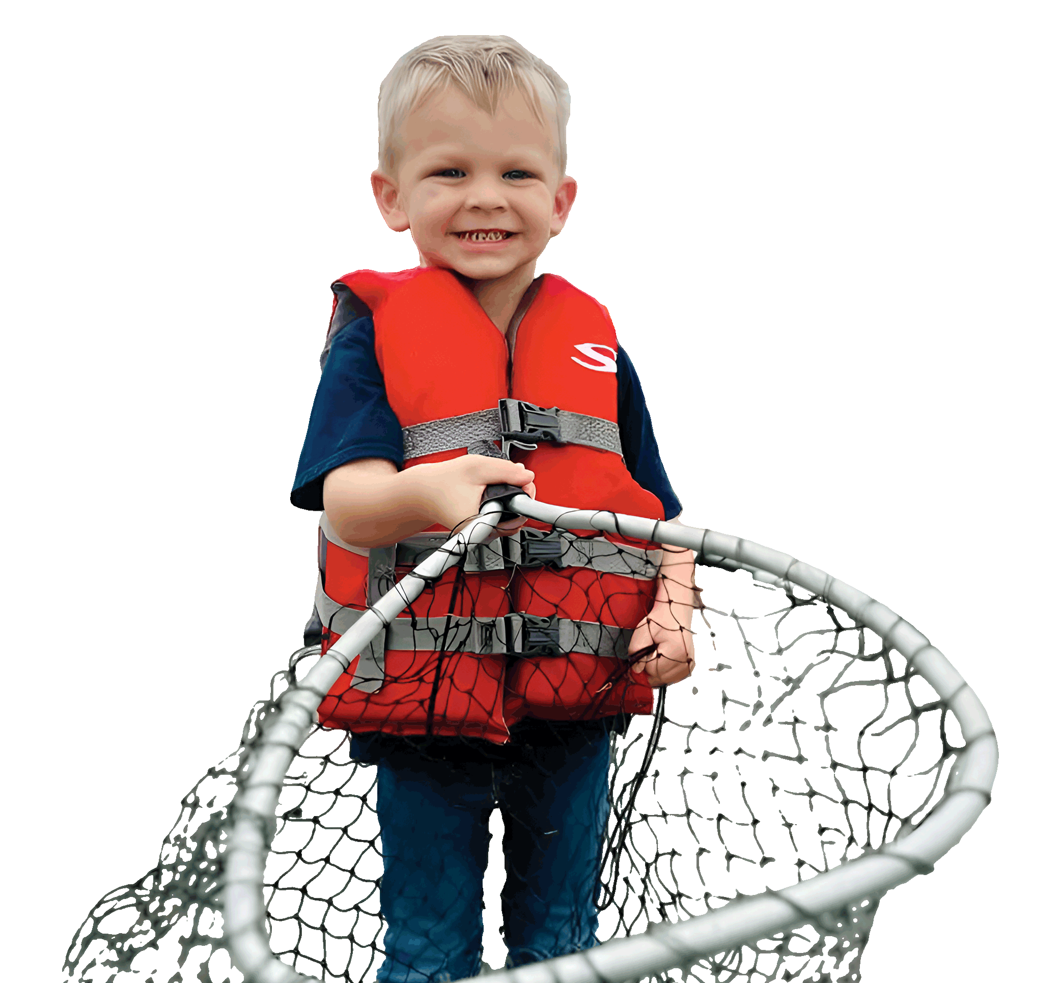 A young boy wearing a bright red life jacket and blue shirt smiles while holding a large fishing net, standing against a plain white background.