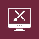 A computer monitor icon with a paintbrush and pencil crossed on the screen, symbolizing graphic design or digital art, on a maroon background.