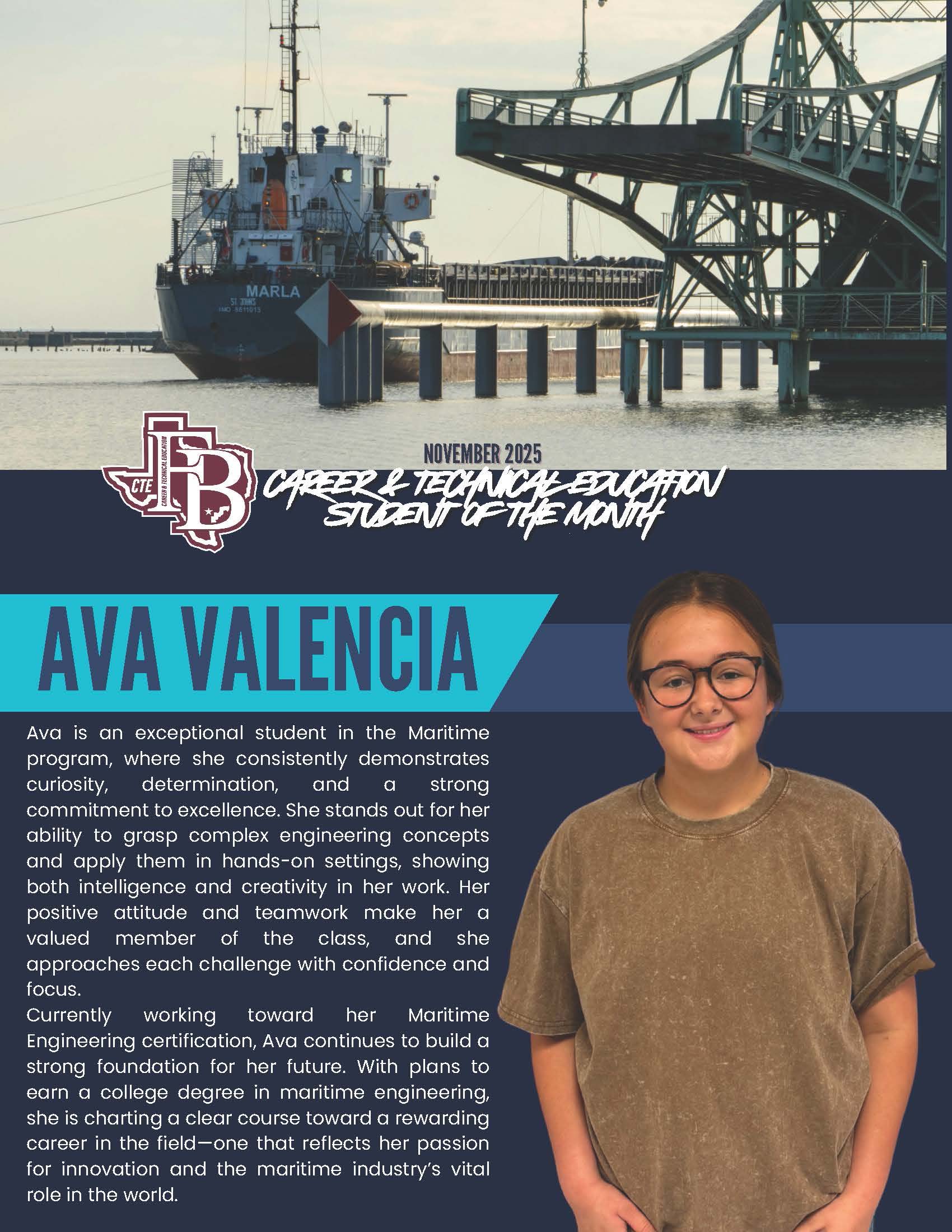 FBISD CTE Student of the Month A smiling student wearing glasses and a t-shirt stands in front of a poster highlighting her achievements. The poster features a large ship at a dock and text recognizing Ava Valencia as the Career & Technical Education Student of the Month.
