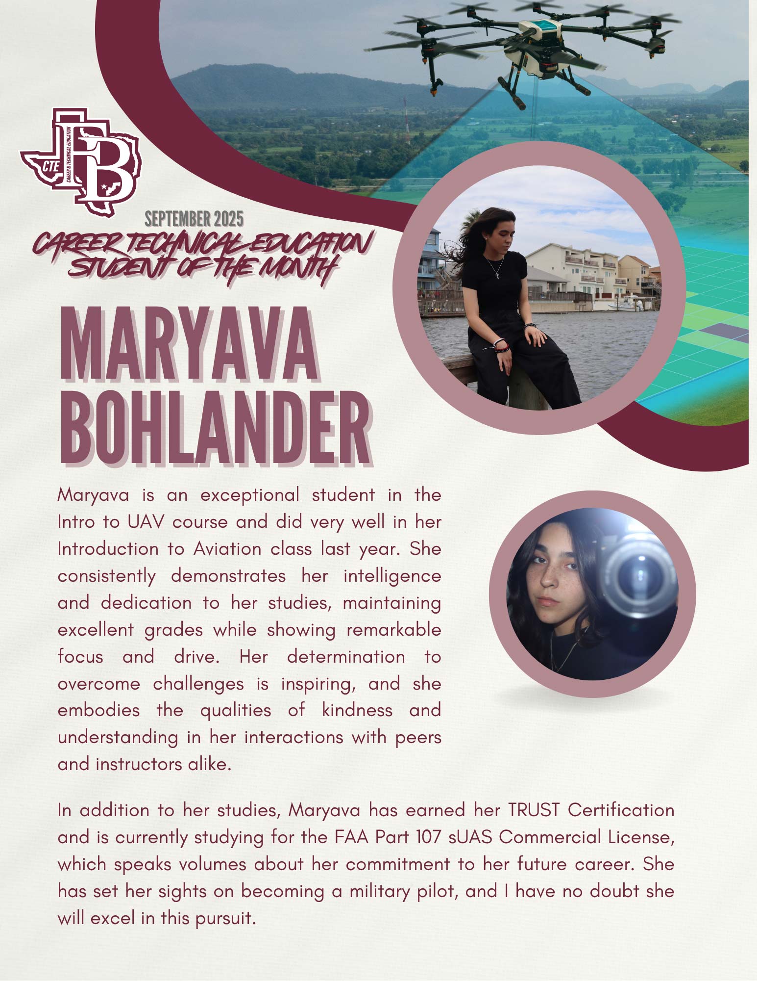 FBISD CTE Student of the Month A student flyer highlights Maryava Bohlander as Career Technical Education Student of the Month, featuring text about her achievements, a drone, aviation imagery, a school logo, and three photos of Maryava in different settings.