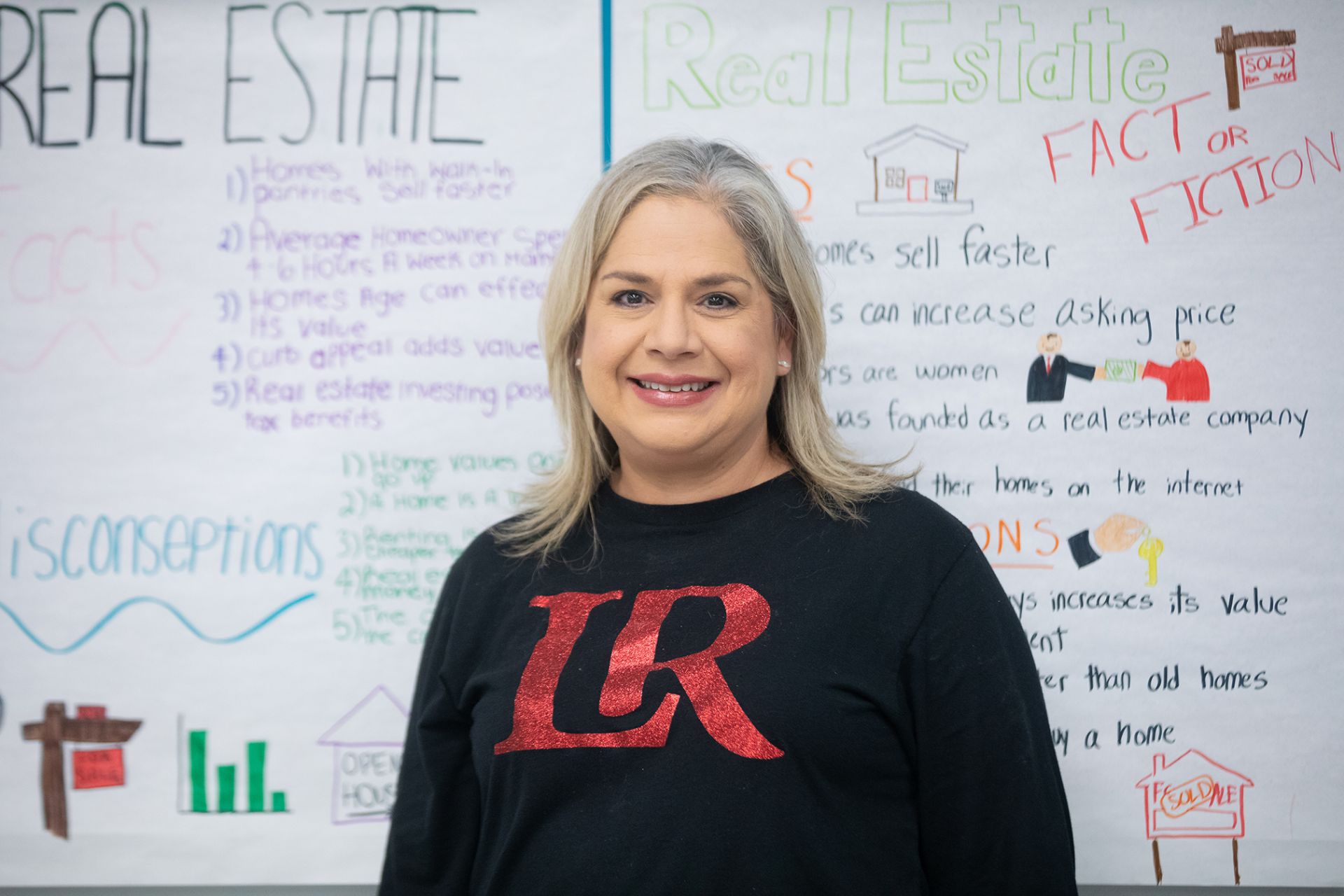 Mel Jorgensen - Entrepreneurship & Sports Marketing A woman with blonde hair wearing a black shirt with red LR stands smiling in front of colorful posters about real estate, featuring handwritten notes, drawings, and charts.