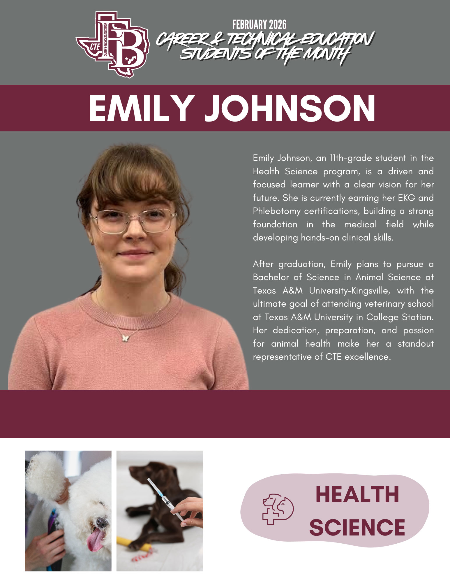 February-HS_web A student named Emily Johnson, wearing glasses and a maroon sweater, smiles against a light background. Text highlights her achievements in health science. Below, there are small images of animal care and a Health Science badge.