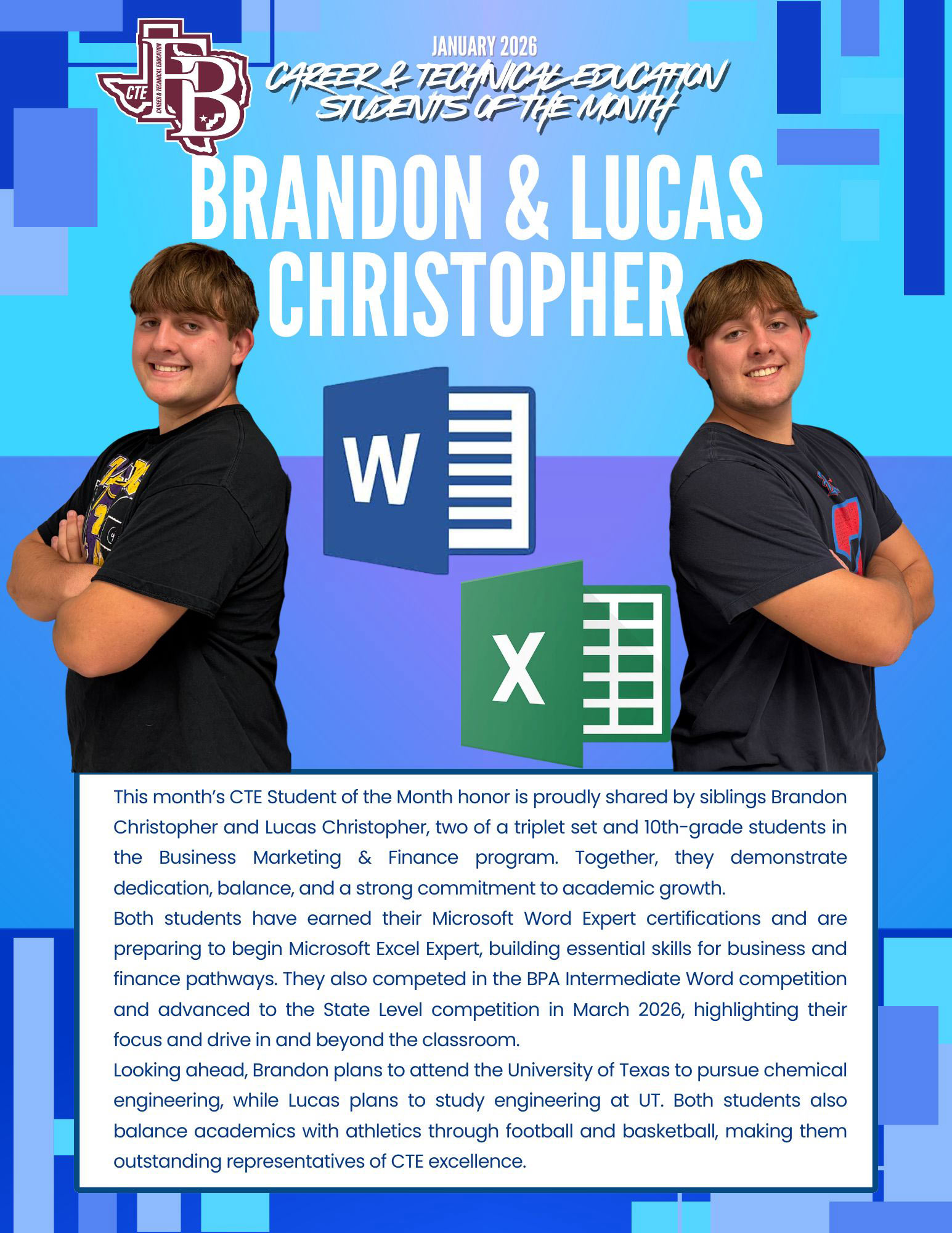 January---HS_web Two twin brothers stand back-to-back, each smiling and holding their arms confidently. One wears a blue shirt with the Microsoft Word logo, the other a green shirt with the Excel logo. Text highlights their academic achievements.