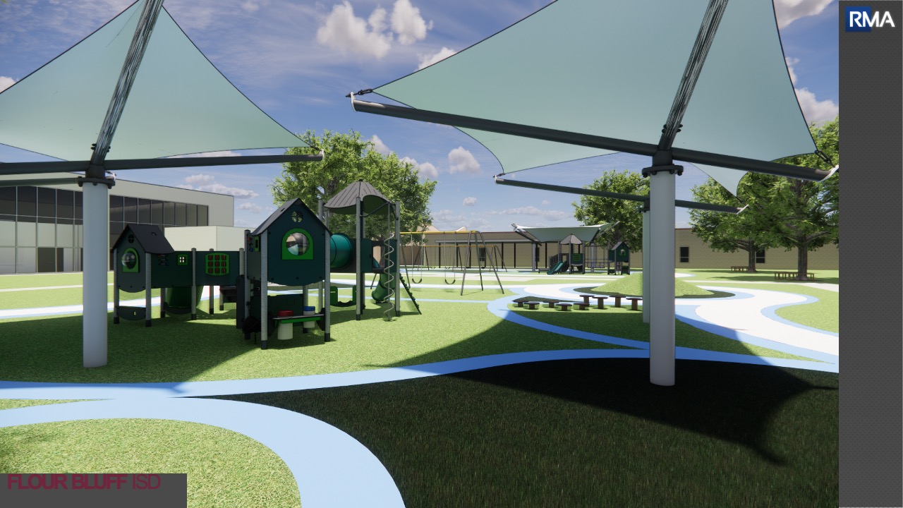 A modern playground with green play structures, swings, and large shade canopies. Winding blue paths run through the grassy area. Buildings and trees are visible in the background under a partly cloudy sky.