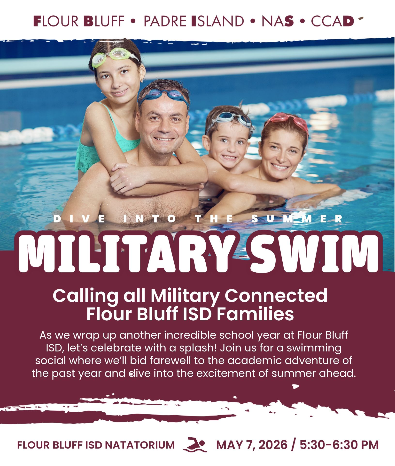 A smiling family of four in swimwear poses together in a swimming pool. The image promotes a “Military Swim” event for military-connected Flour Bluff ISD families on May 7, 2026, at the Flour Bluff ISD Natatorium.