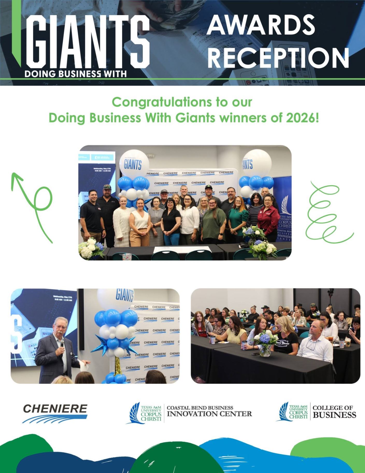 Collage for the Doing Business With Giants Awards Reception, showing group photos of winners holding balloons, a man speaking at a podium, and an audience seated in a conference room. Logos of event sponsors are at the bottom.